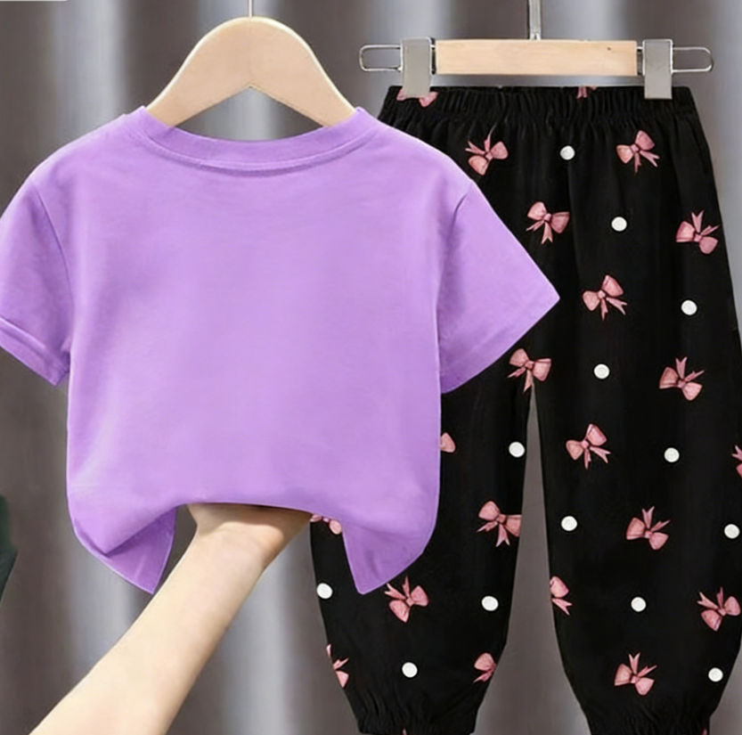 Modern Chic All-Season Minimalist Summer 2-Piece Girls' Pants Suit, Ages 2-9 | Color: Purple | Image 2