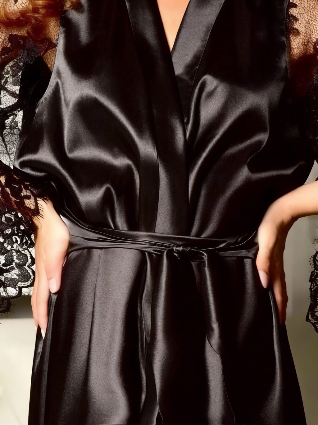 Minimalist All-Season Women 's Long Sleeve Night Robe | Color: Black | Image 2