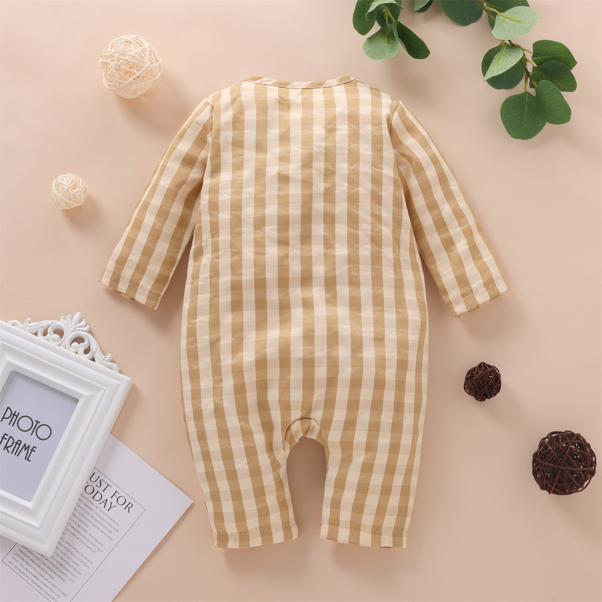 Minimalist Autumn Unisex Baby Jumpsuit, Ages 0-12 Months | Color: Khaki | Image 3
