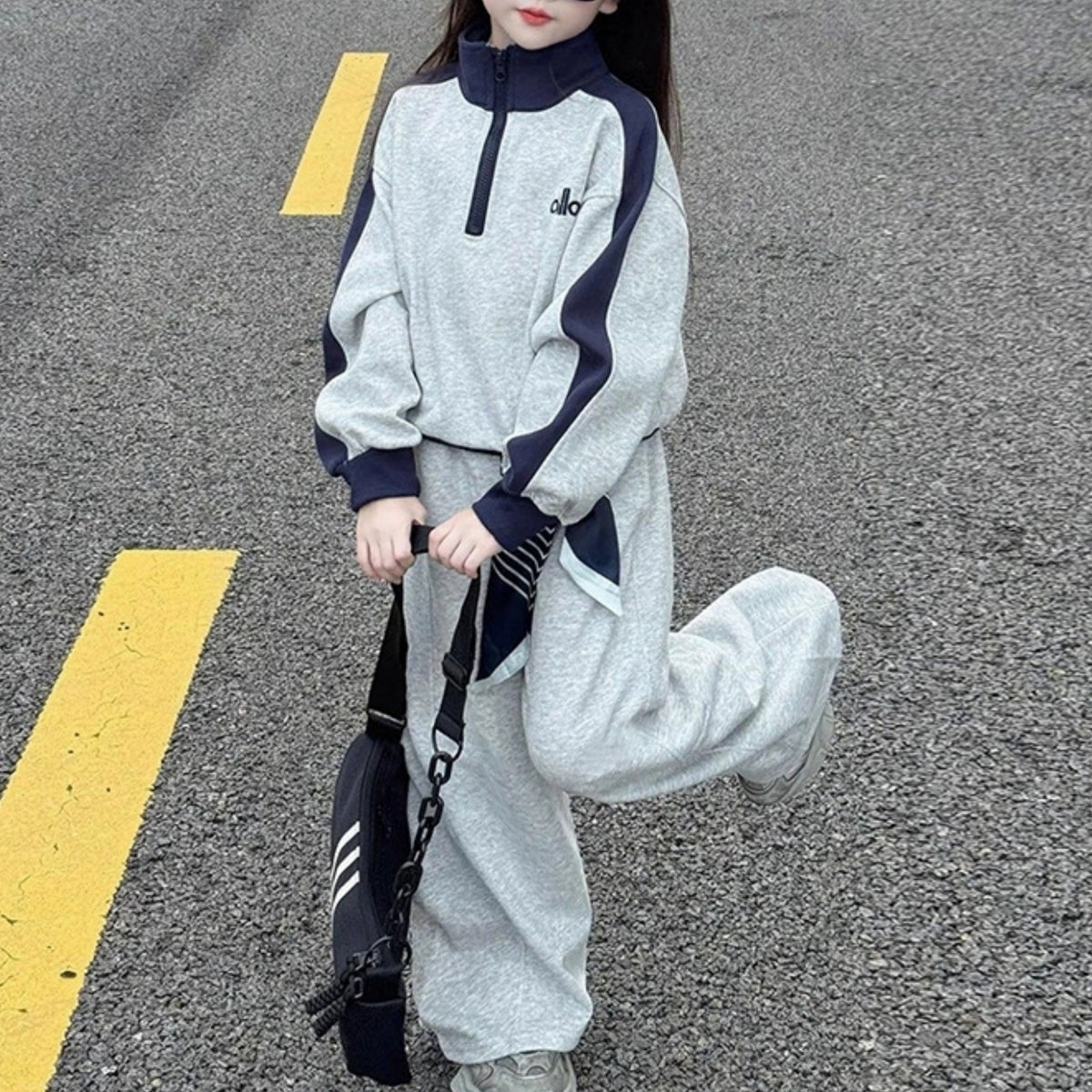Modern Chic All-Season Minimalist Spring Girls' Pants Suit, Ages 4-14 | Color: Grey | Image 3