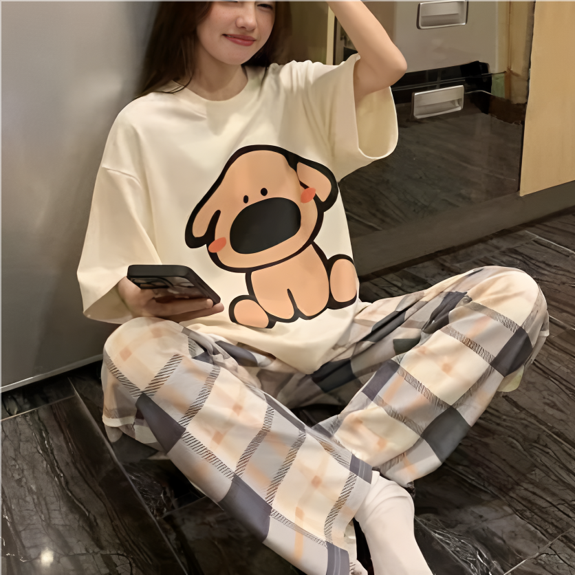 Modern Chic All-Season Sweet Feminine Summer 2 Pcs Women 's Short  Sleeve Sleep Set | Color: Style 2 | Image 1