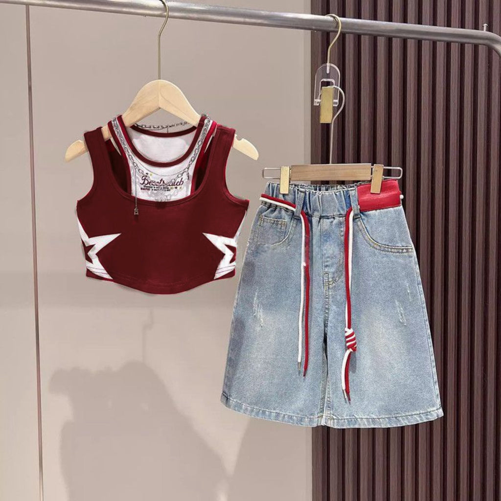 Trendy Summer 2-Piece Girls' Pants Suit, Ages 2-7 | Color: Red | Image 1