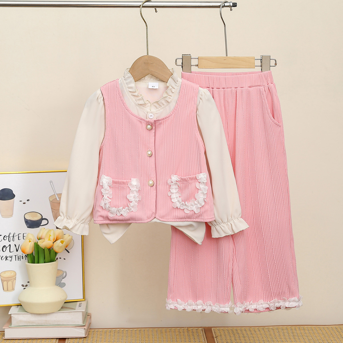 Sweet & Cute Autumn 3-Piece Girls' Pants Suit, Ages 2-9 | Color: Pink | Image 1