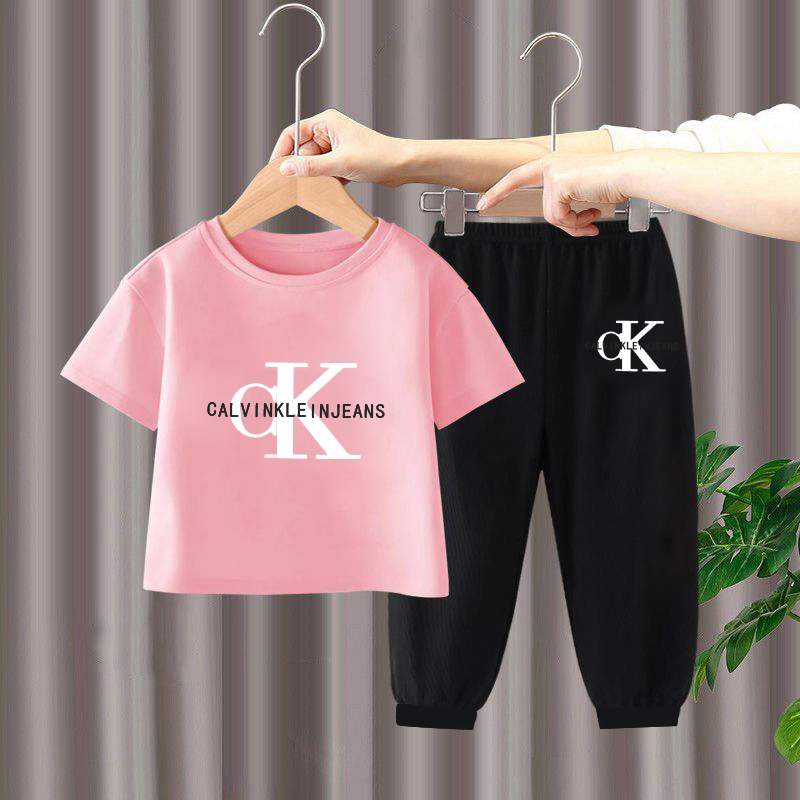 Modern Chic All-Season Minimalist Summer 2-Piece Unisex Kids' Pants Suit, Ages 2-7 | Color: Pink | Image 1