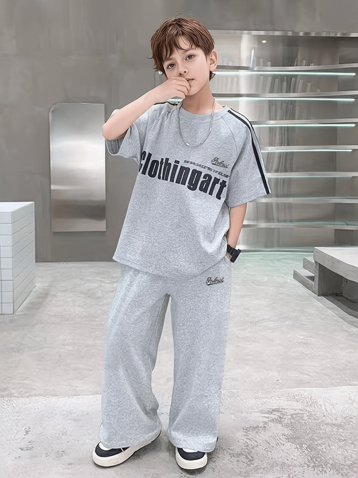 Modern Chic All-Season Casual Sporty Summer 2-Piece Boys' Pants Suit, Ages 4-14 | Color: Grey | Image 2