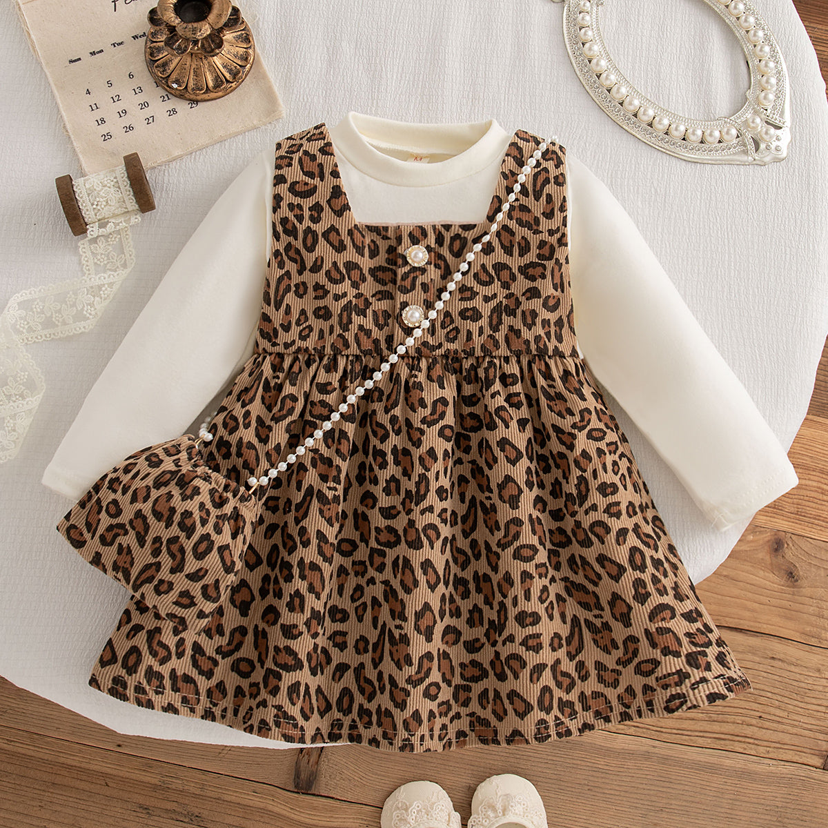 Trendy Autumn 2-Piece Baby Girls' Dress, Ages 9-24 Months | Color: Khaki | Image 1