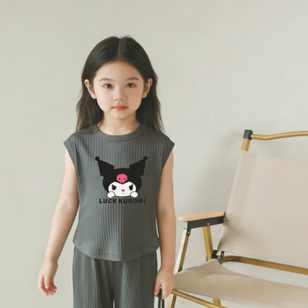 Modern Chic All-Season Minimalist Summer 2-Piece Girls' Pants Suit, Ages 2-9 | Color: Dark Grey | Image 3