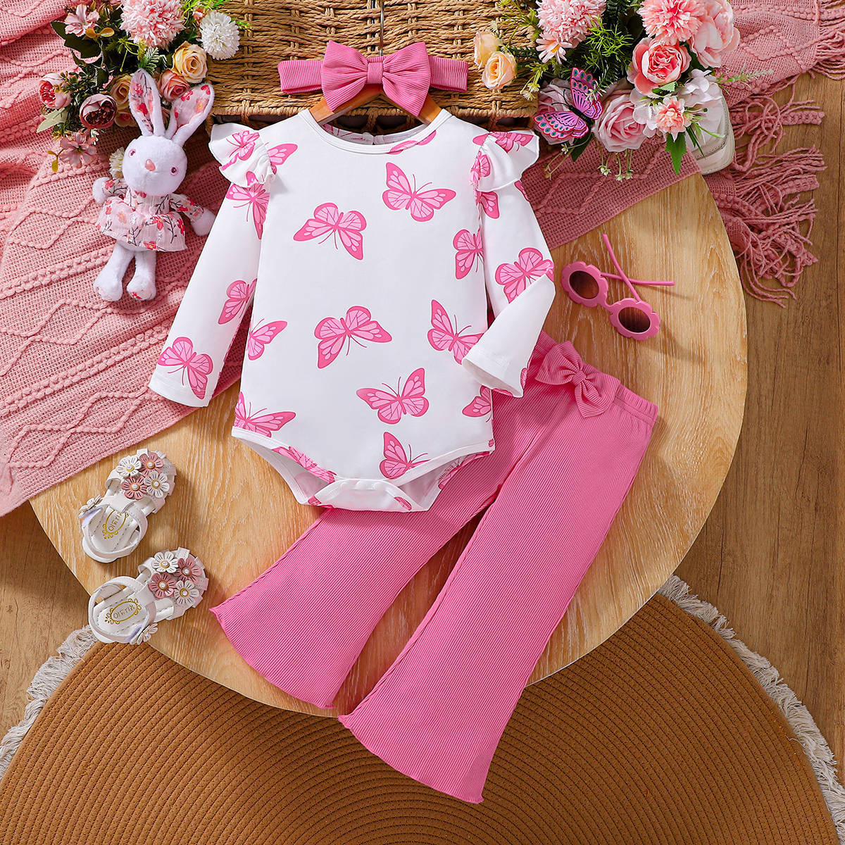 Sweet & Cute Autumn 3-Piece Baby Girls' Pants Suit, Ages 0-6 Months | Color: White | Image 1