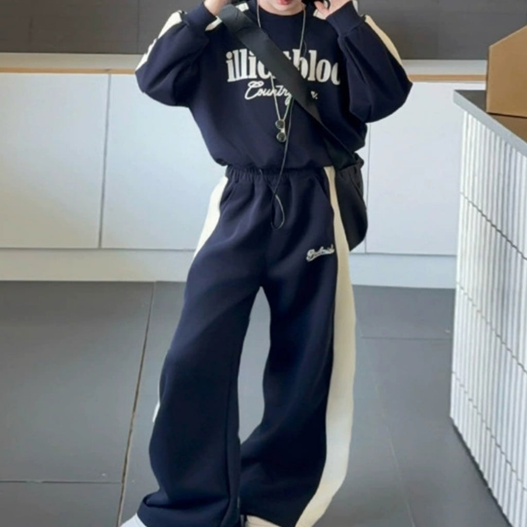 Modern Chic All-Season Minimalist Spring Girls' Pants Suit, Ages 4-14 | Color: Navy | Image 1