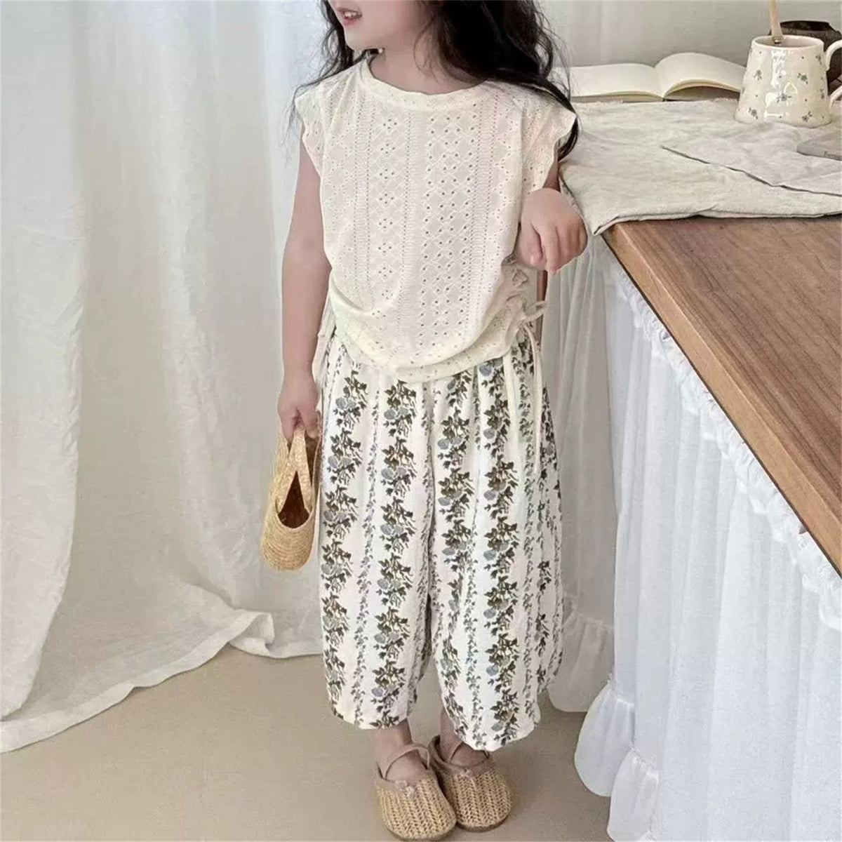 Minimalist Summer 2-Piece Girls' Pants Suit, Ages 4-9 | Color: Beige | Image 3