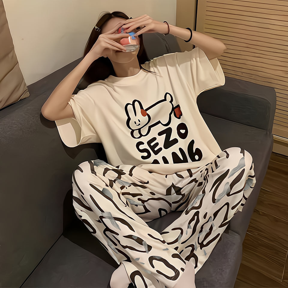 Sweet Feminine Summer 2 Pcs Women 's Short  Sleeve Sleep Set | Color: Style 3 | Image 1