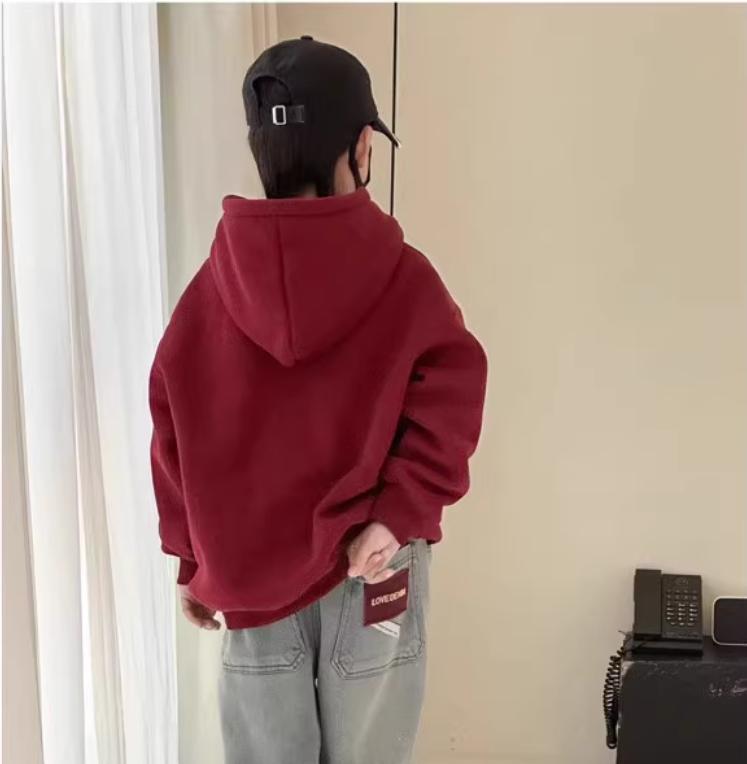 Casual Sporty Autumn Unisex Kids' Hoodie, Ages 4-14 | Color: Red | Image 3