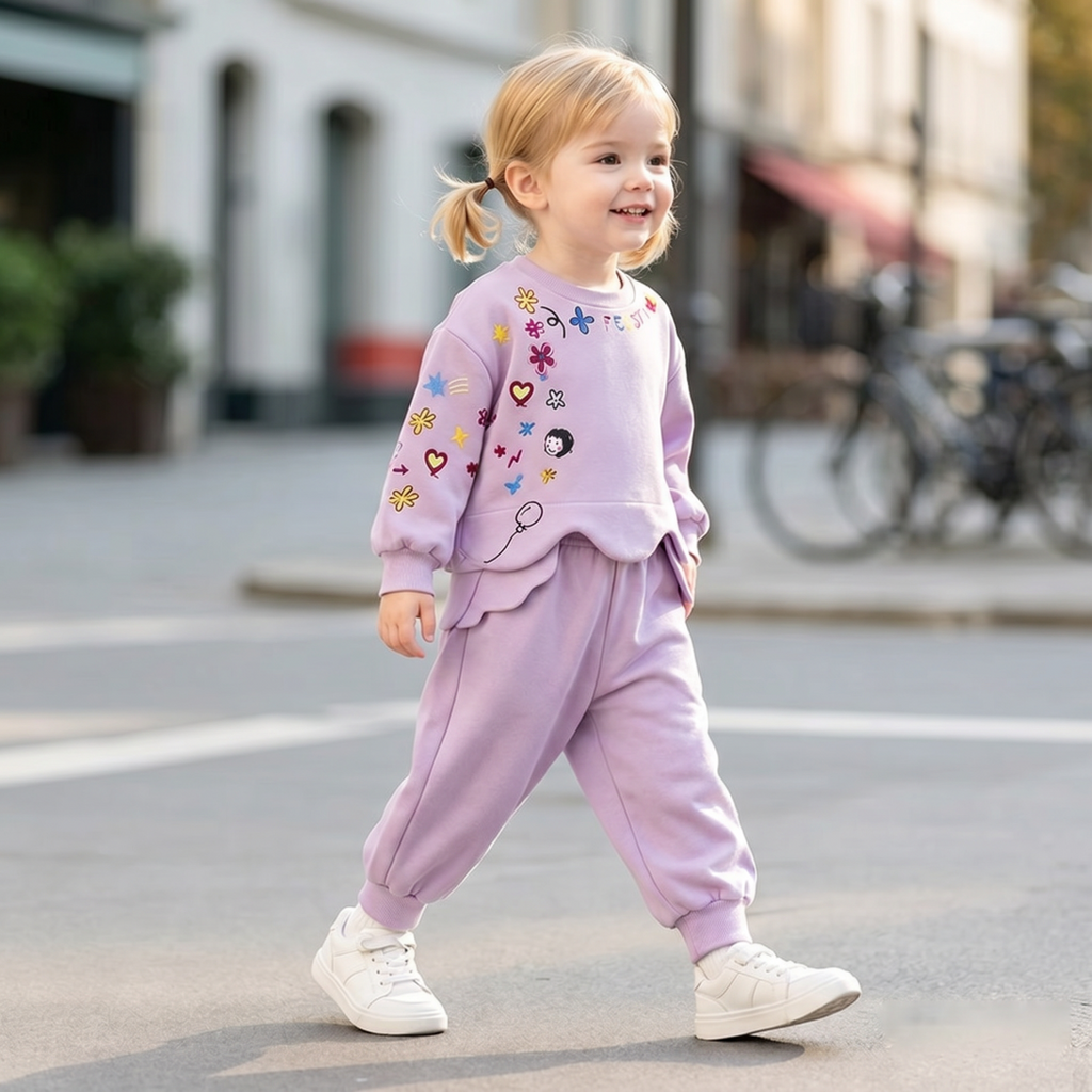 Minimalist Autumn 2-Piece Girls' Pants Suit, Ages 2-9 | Color: Purple | Image 3