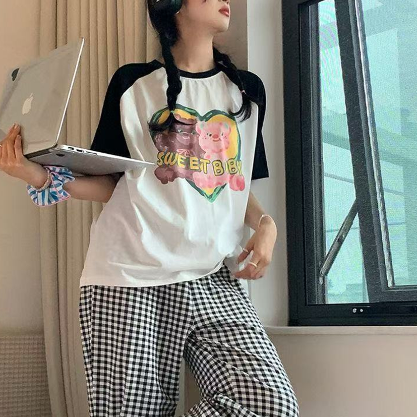 Sweet Feminine Summer 2 Pcs Women 's Short  Sleeve Sleep Set | Color: Style 1 | Image 3