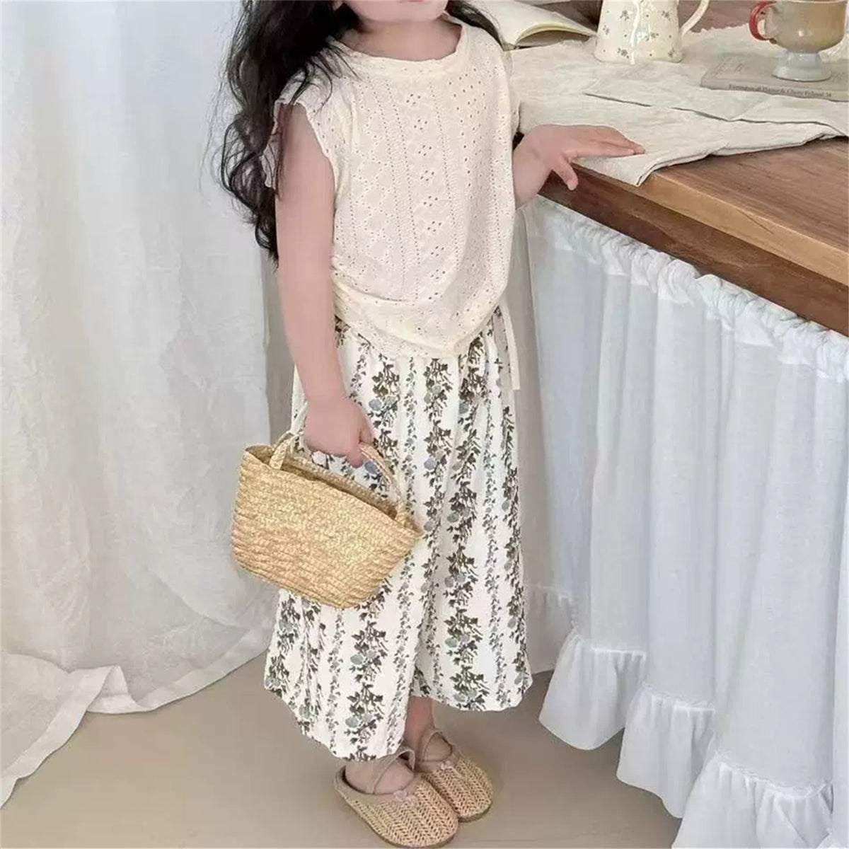 Minimalist Summer 2-Piece Girls' Pants Suit, Ages 4-9 | Color: Beige | Image 2