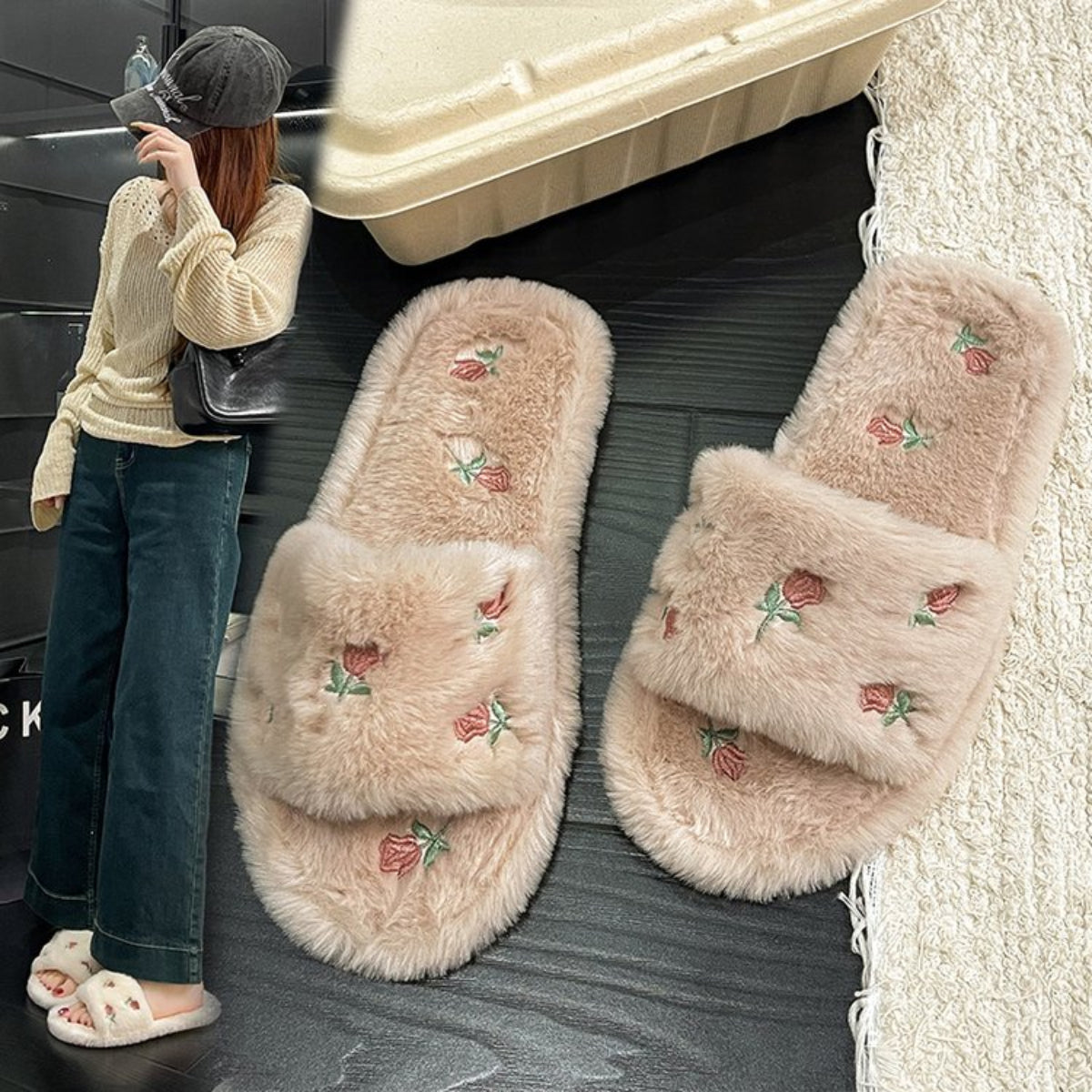 Modern Chic All-Season Cloth / Textile Women's Home Slippers | Color: Khaki | Image 1