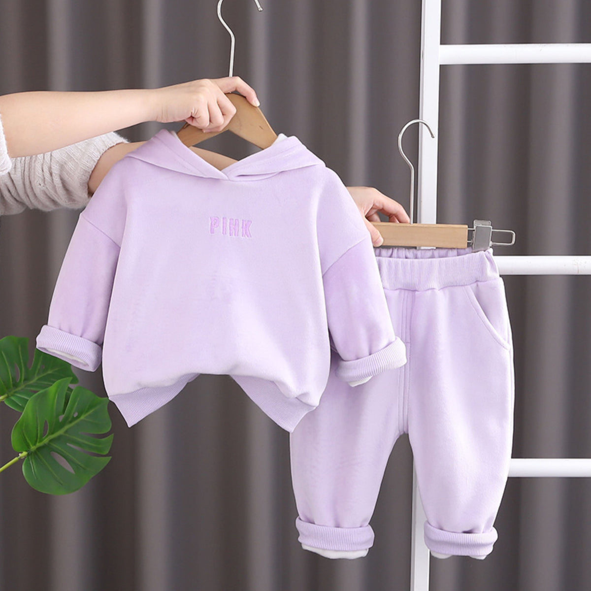 Minimalist Autumn 2-Piece Unisex Kids' Pants Suit, Ages 2-7 | Color: Purple | Image 1