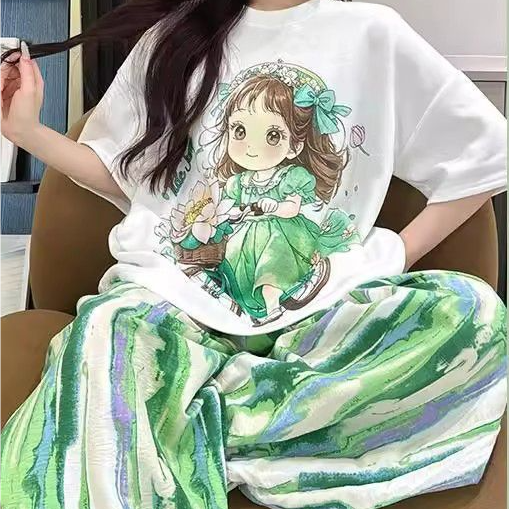 Sweet Feminine Summer 2 Pcs Women 's Short  Sleeve Sleep Set | Color: Style 1 | Image 1