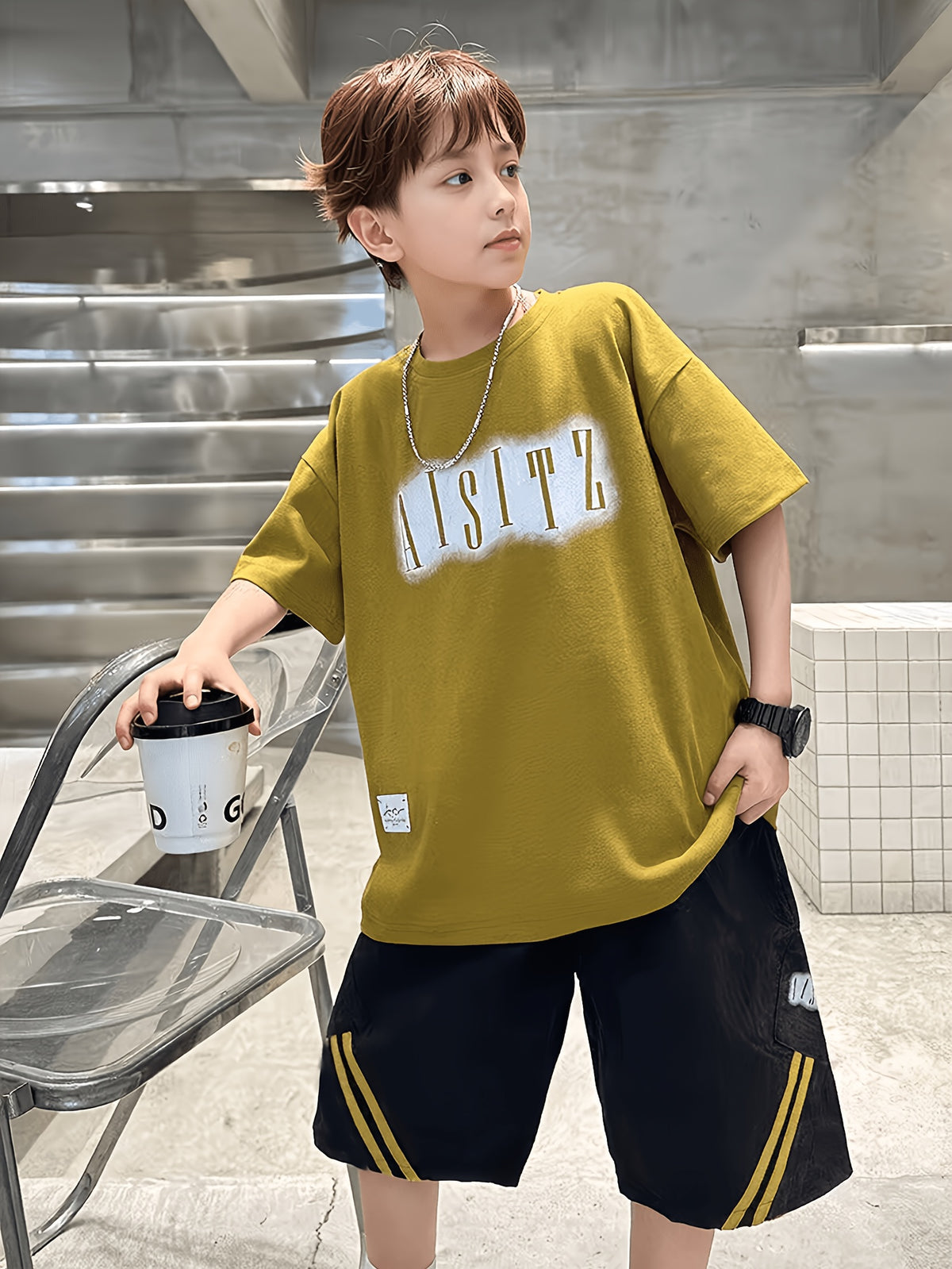 Casual Sporty Summer 2-Piece Boys' Pants Suit, Ages 4-11 | Color: Yellow | Image 1