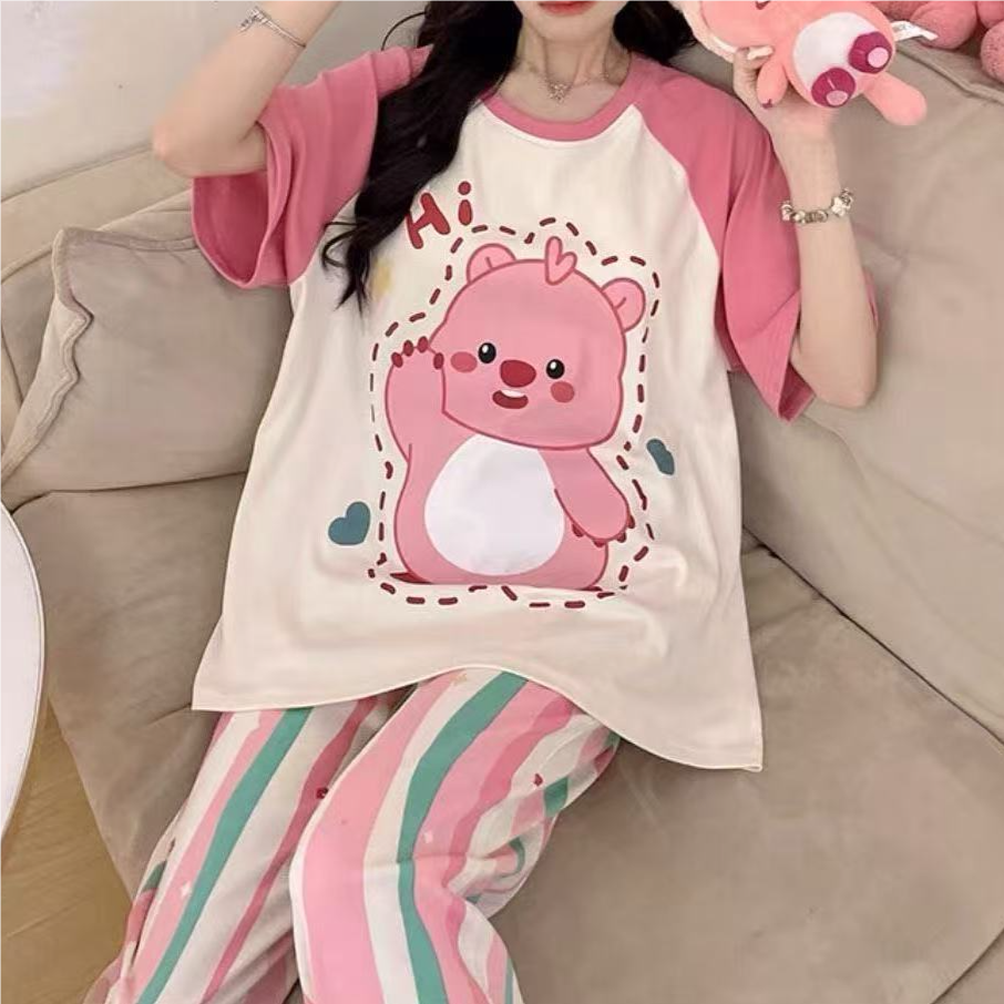 Modern Chic All-Season Sweet Feminine Summer 2 Pcs Women 's Short  Sleeve Sleep Set | Color: Style 4 | Image 1