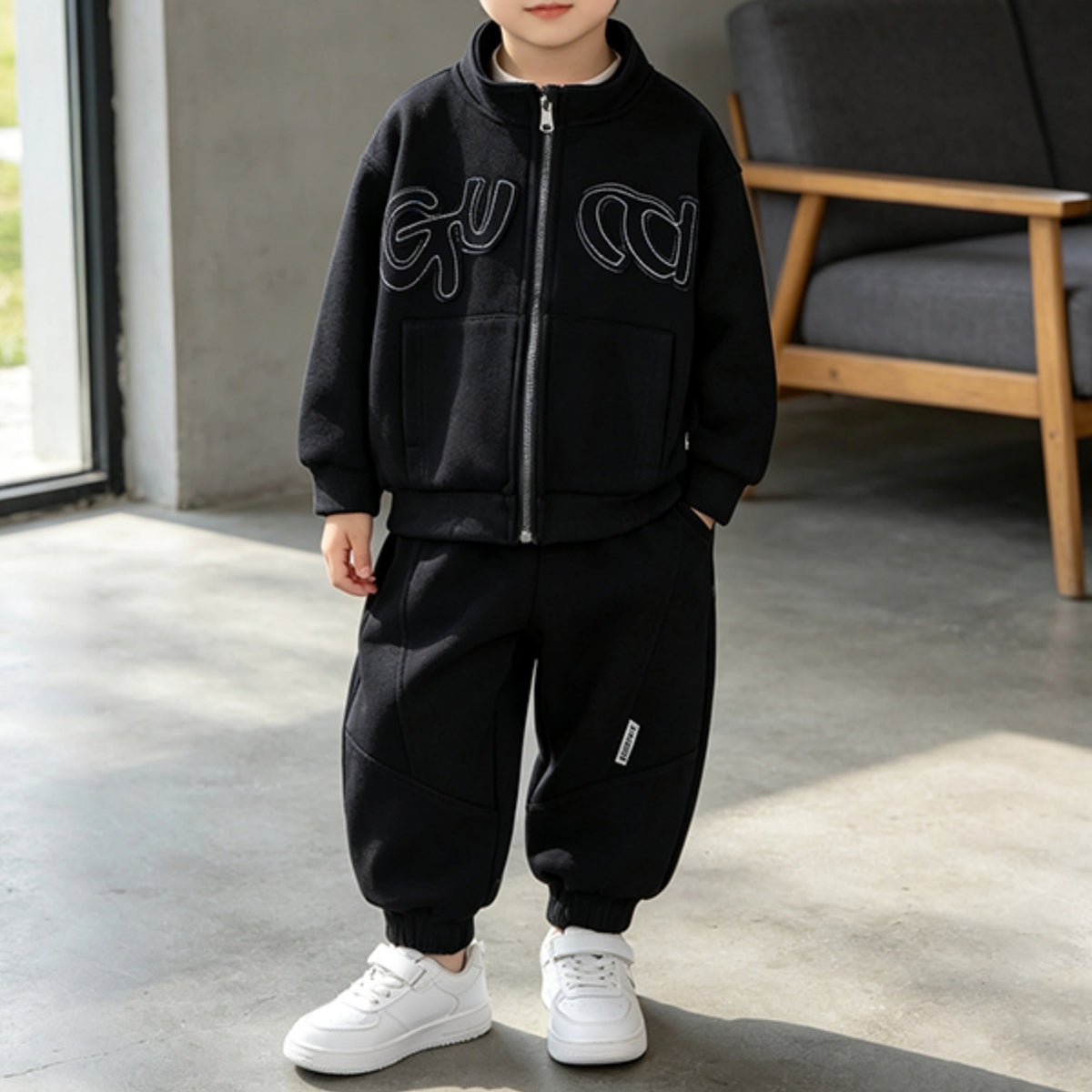 Modern Chic All-Season Casual Sporty Autumn 2-Piece Boys' Pants Suit, Ages 2-7 | Color: Black | Image 1