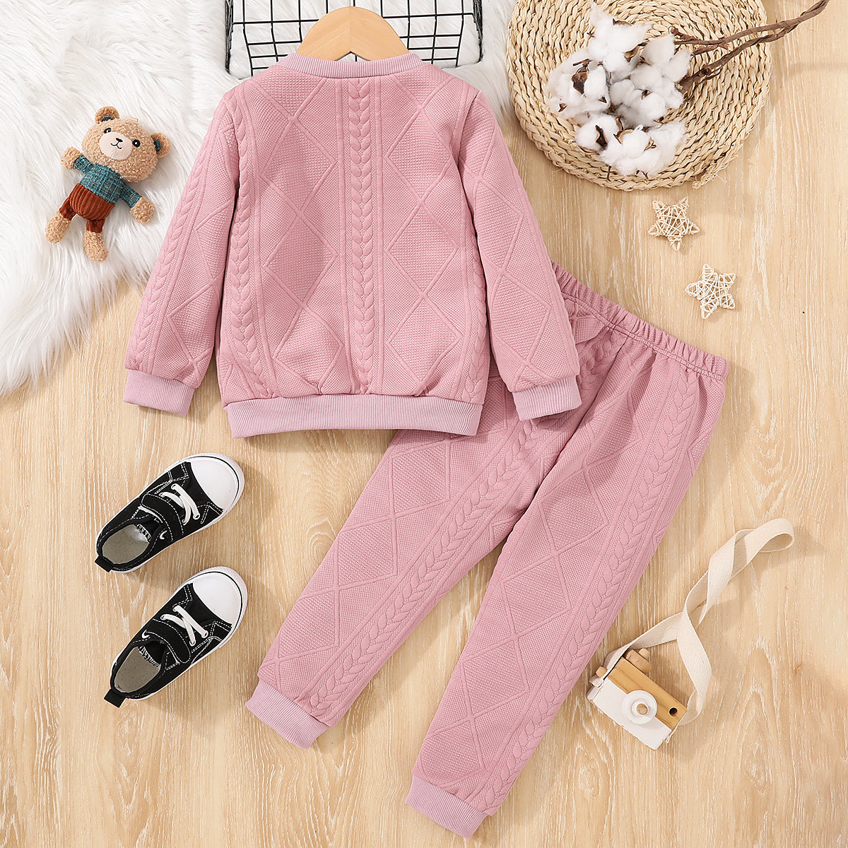 Minimalist Winter 2-Piece Unisex Kids' Pants Suit, Ages 3-9 | Color: Pink | Image 3