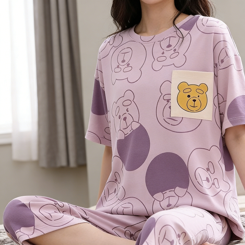 Minimalist Summer 2 Pcs Women 's Short  Sleeve Sleep Set | Color: Purple | Image 3