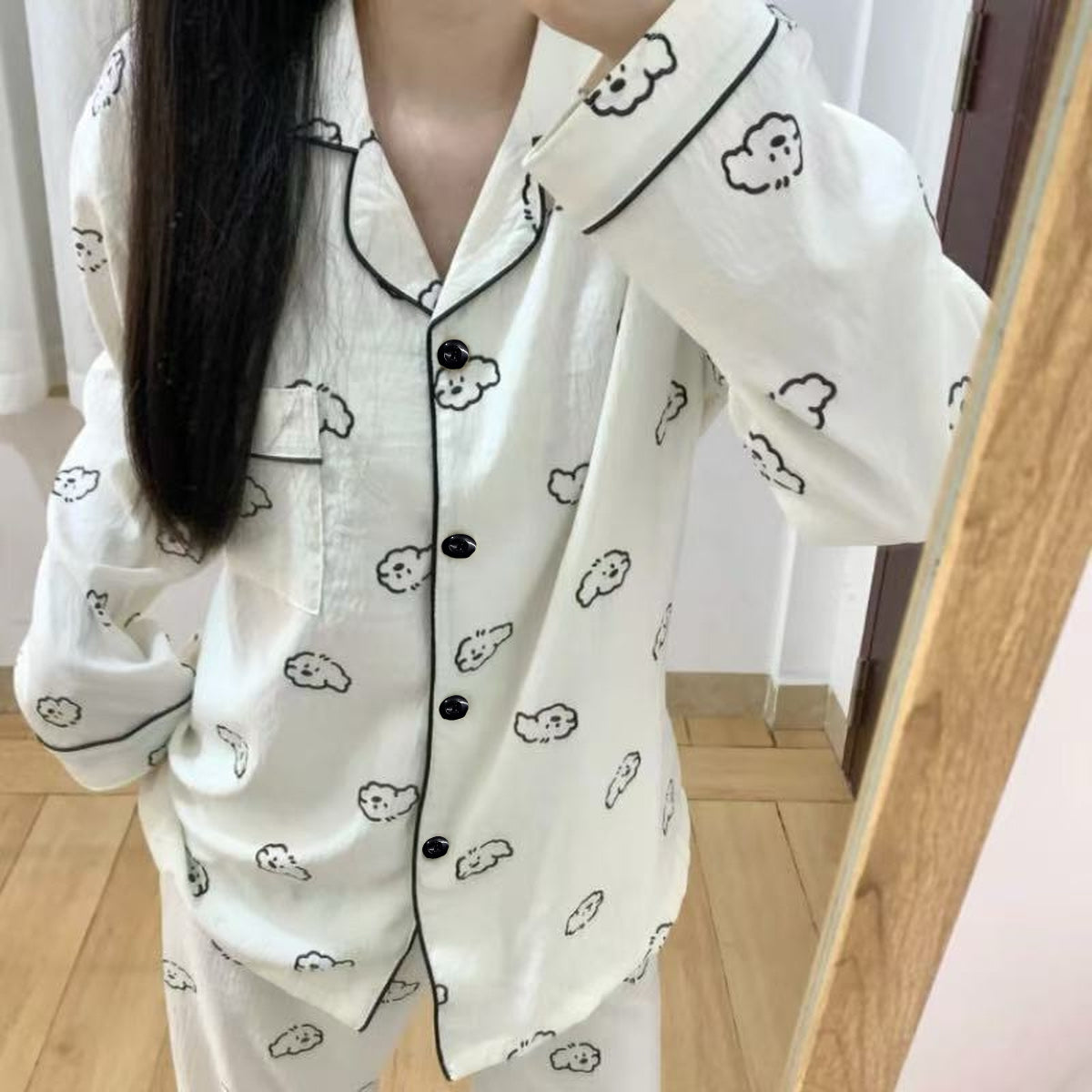 Sweet & Cute All-Season 2 Pcs Women 's Long Sleeve Sleep Set | Color: White | Image 2