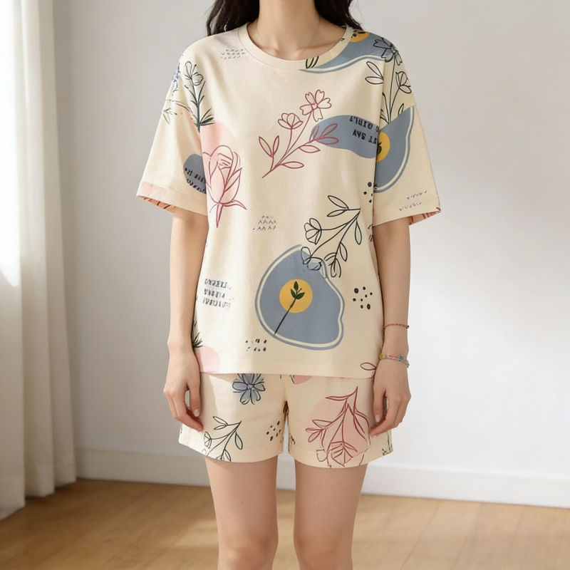 All-Season Sweet & Cute Summer 2 Pcs Women 's Short  Sleeve Sleep Set | Color: Light Gold | Image 3