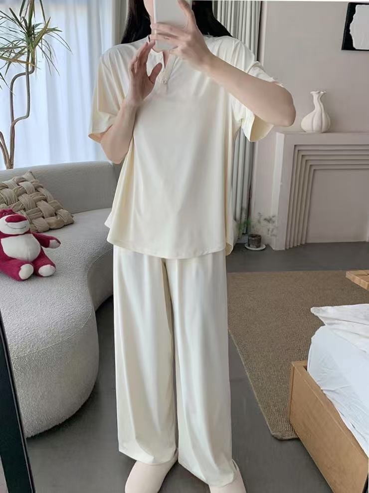Minimalist Summer 2 Pcs Women 's Short  Sleeve Sleep Set | Color: Straw-colored | Image 1