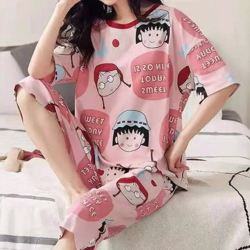 Modern Chic All-Season Minimalist Summer 2 Pcs Women 's Short  Sleeve Sleep Set | Color: Pink | Image 1