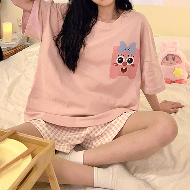 All-Season Sweet & Cute Summer 2 Pcs Women 's Short  Sleeve Sleep Set | Color: Pink | Image 3