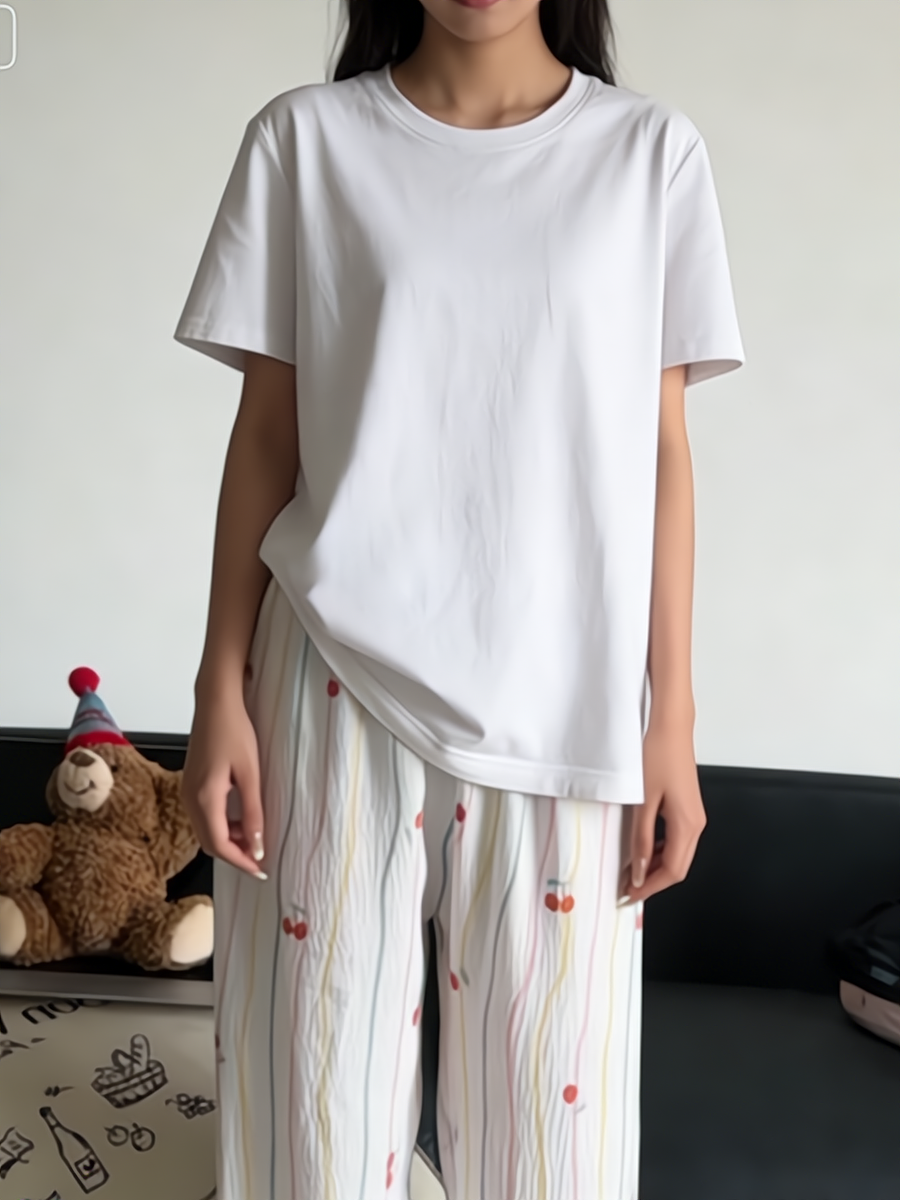 Sweet Feminine Summer 2 Pcs Women 's Short  Sleeve Sleep Set | Color: Style 1 | Image 2
