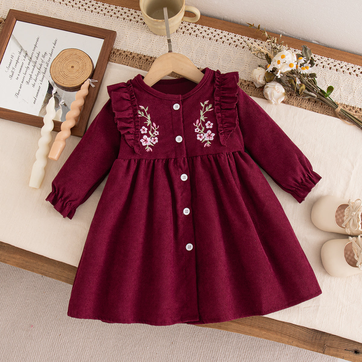 Elegant Autumn Baby Girls' Dress, Ages 1-24 Months | Color: Red | Image 1