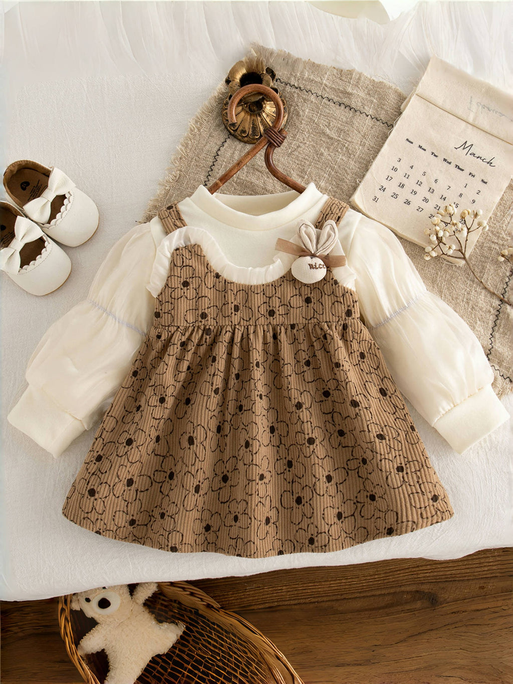 Sweet & Cute Autumn Baby Girls' Dress, Ages 3-24 Months | Color: Coffee | Image 1