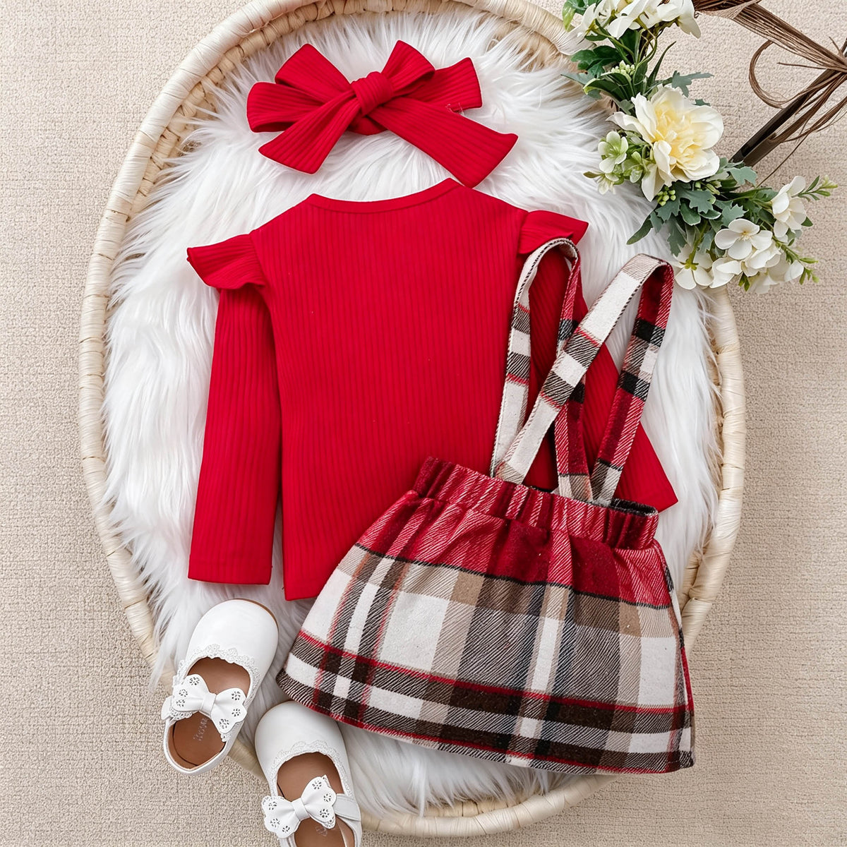 Elegant Autumn 3-Piece Baby Girls' Dress Suit, Ages 0-24 Months | Color: Red | Image 3