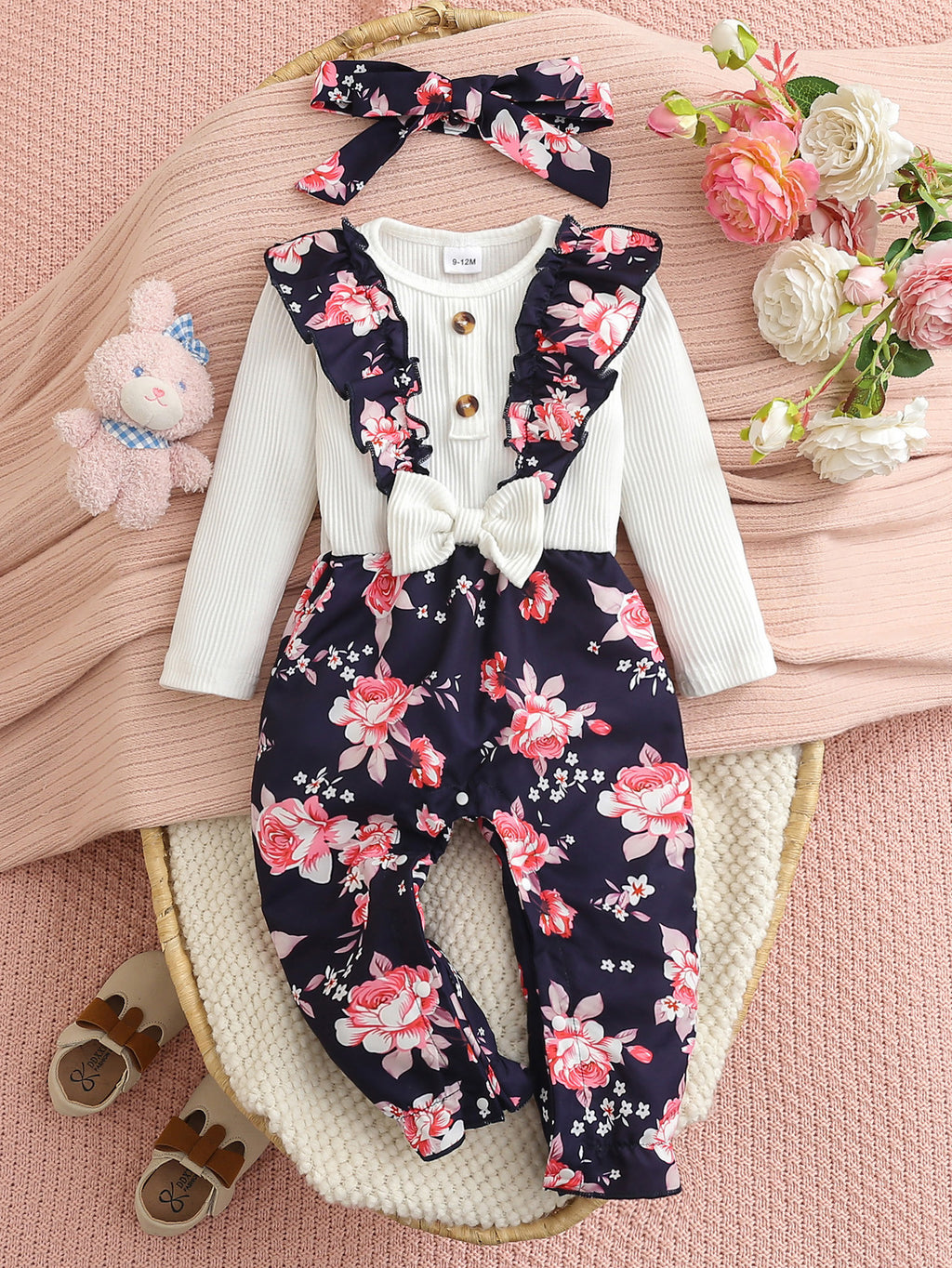 Sweet & Cute Autumn 2-Piece Baby Girls' Jumpsuit, Ages 0-6 Months | Color: White | Image 1