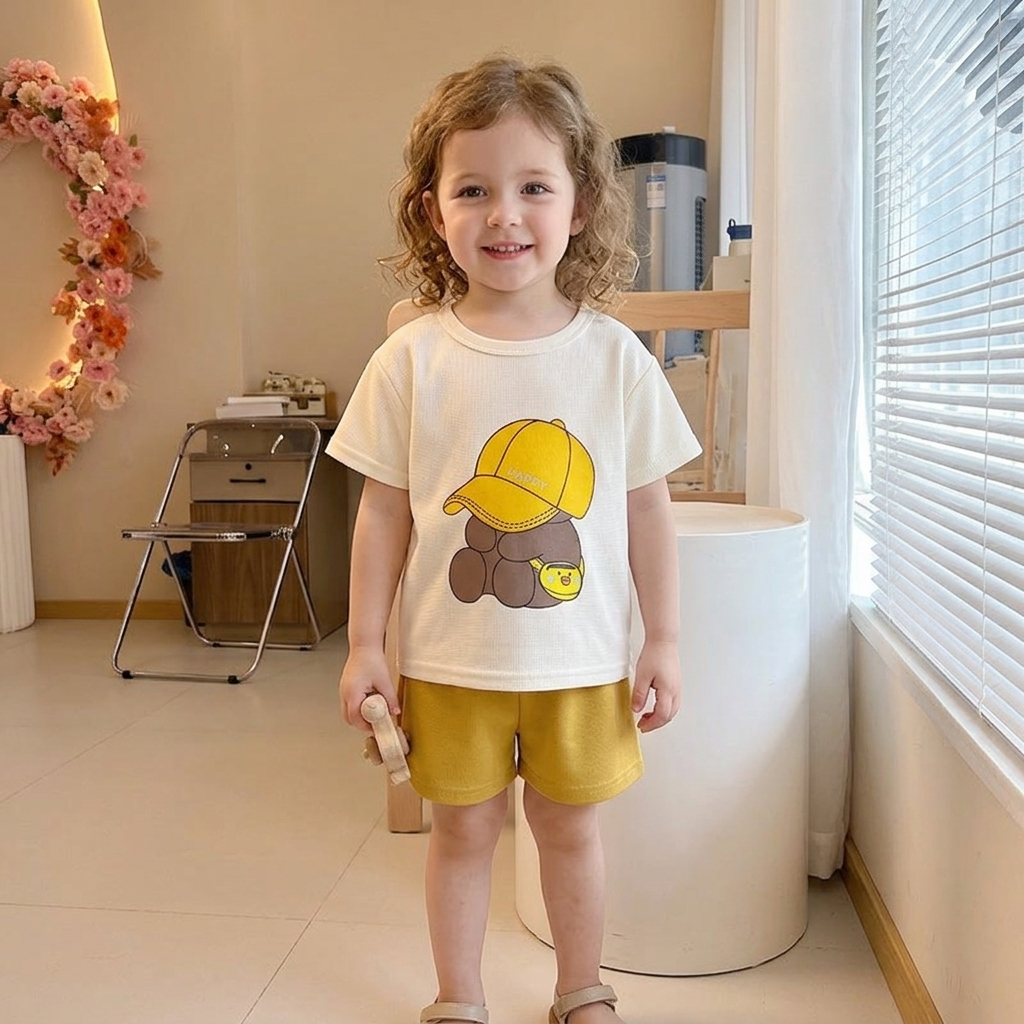 Minimalist Summer 2-Piece Unisex Kids' Pants Suit, Ages 2-5 | Color: Yellow | Image 1