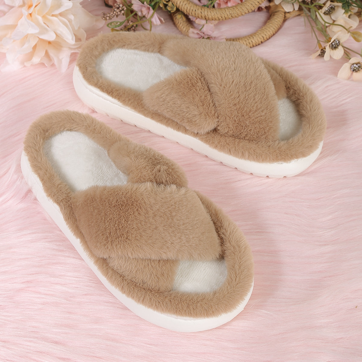 Modern Chic All-Season Velvet/Corduroy Women's Imitation Fur Slippers | Color: Khaki | Image 3