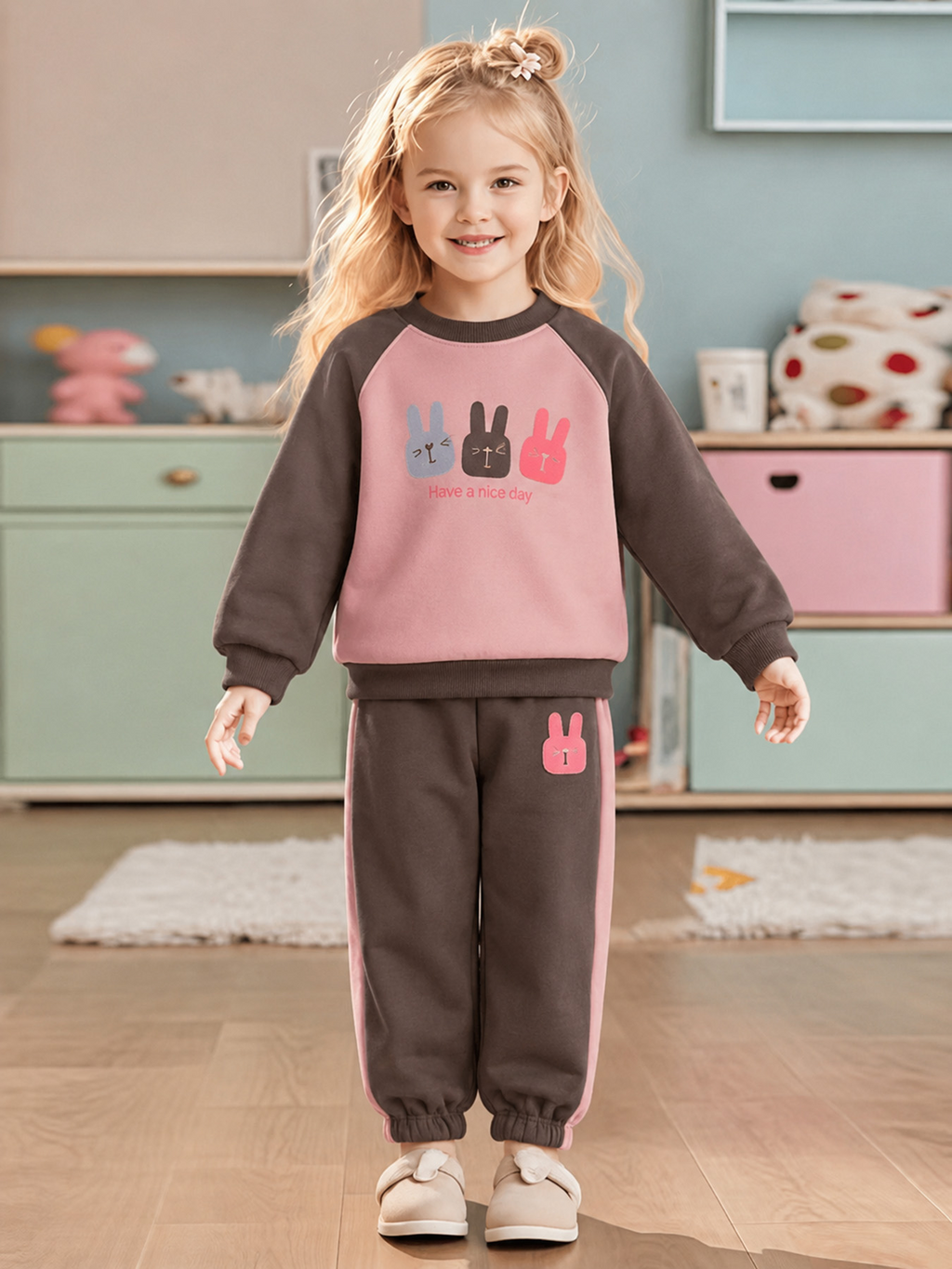 Modern Chic All-Season Casual Sporty Autumn 2-Piece Girls' Pants Suit, Ages 4-14 | Color: Pink | Image 1