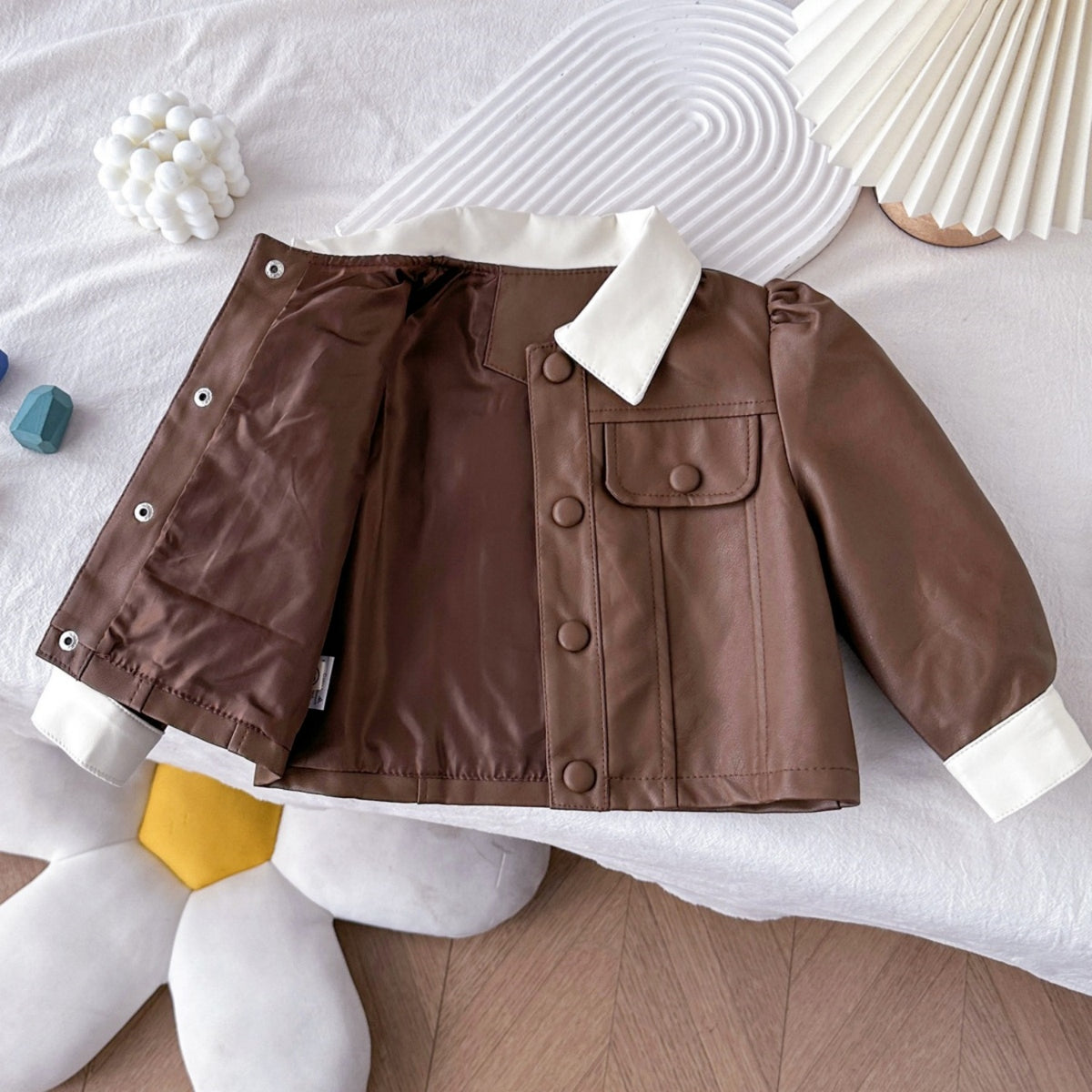 Modern Chic All-Season Casual Sporty Spring Girls' Leather Jacket, Ages 2-7 | Color: Brown | Image 2
