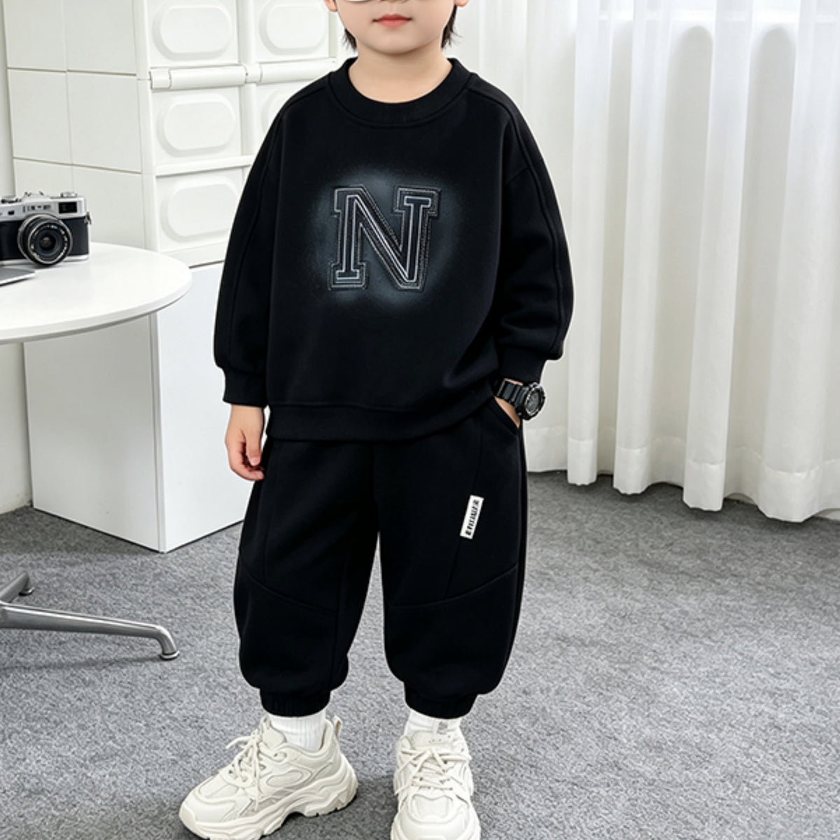 Modern Chic All-Season Casual Sporty Autumn 2-Piece Boys' Pants Suit, Ages 2-7 | Color: Black | Image 1
