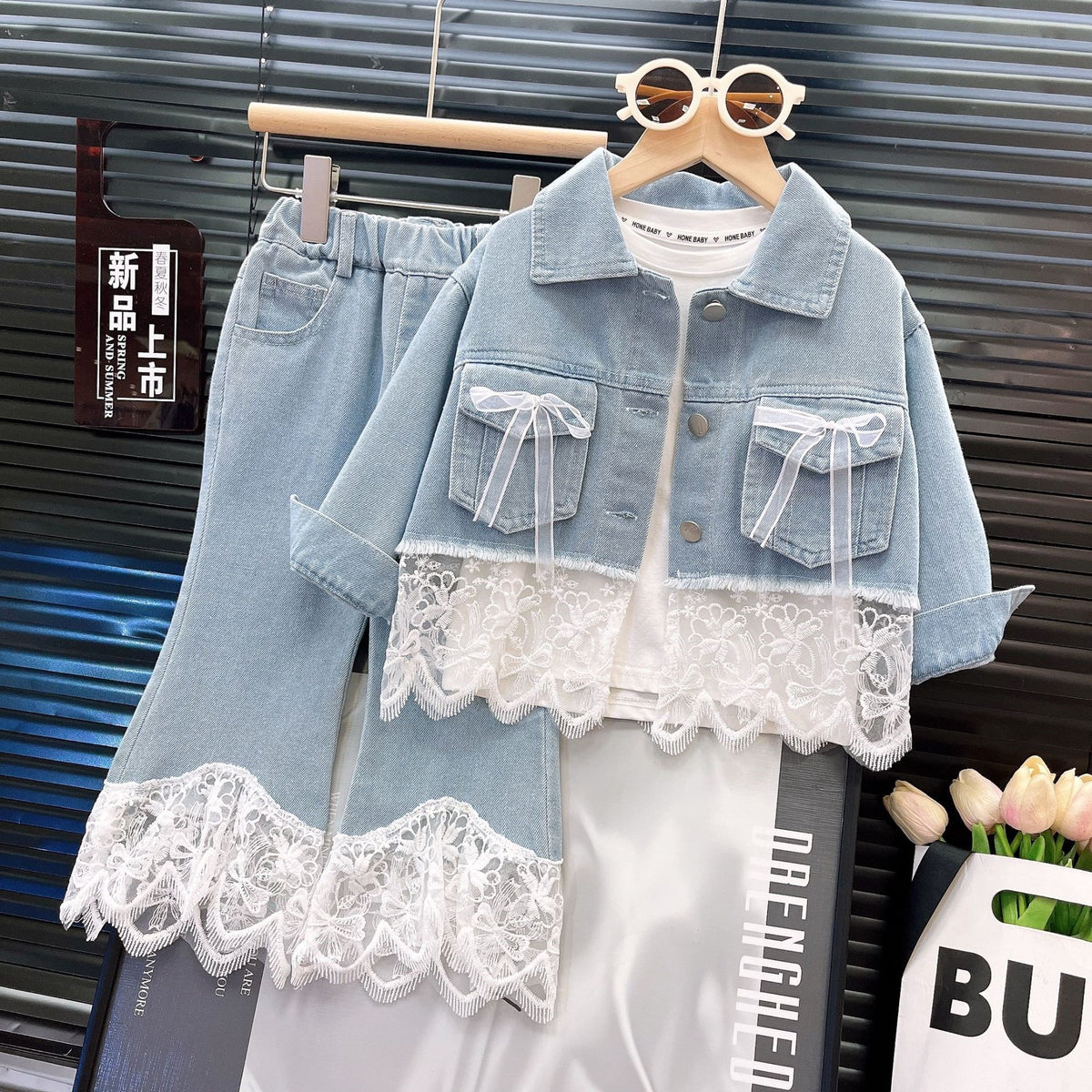 Trendy Autumn 2-Piece Girls' Pants Suit, Ages 2-9 | Color: Light Blue | Image 2