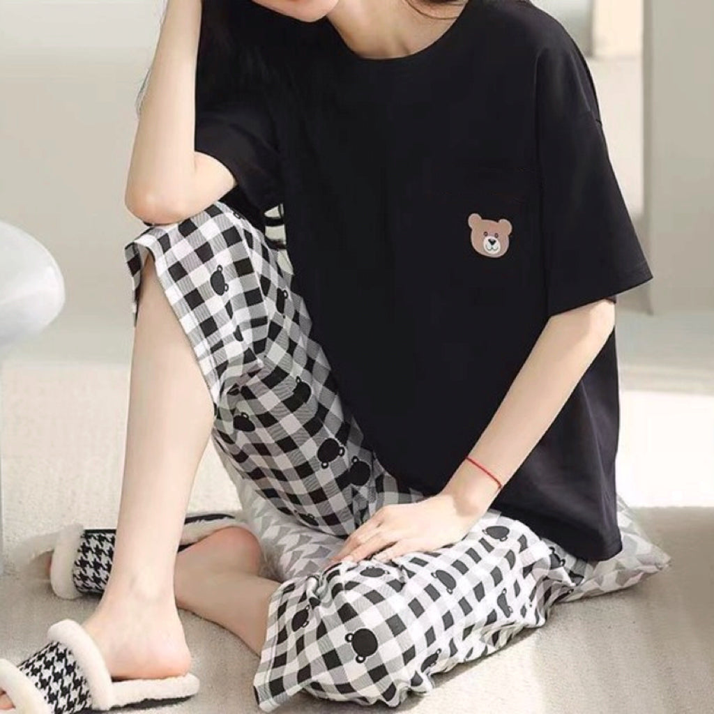 Modern Chic All-Season Minimalist Summer 2 Pcs Women 's Short  Sleeve Sleep Set | Color: Black | Image 3