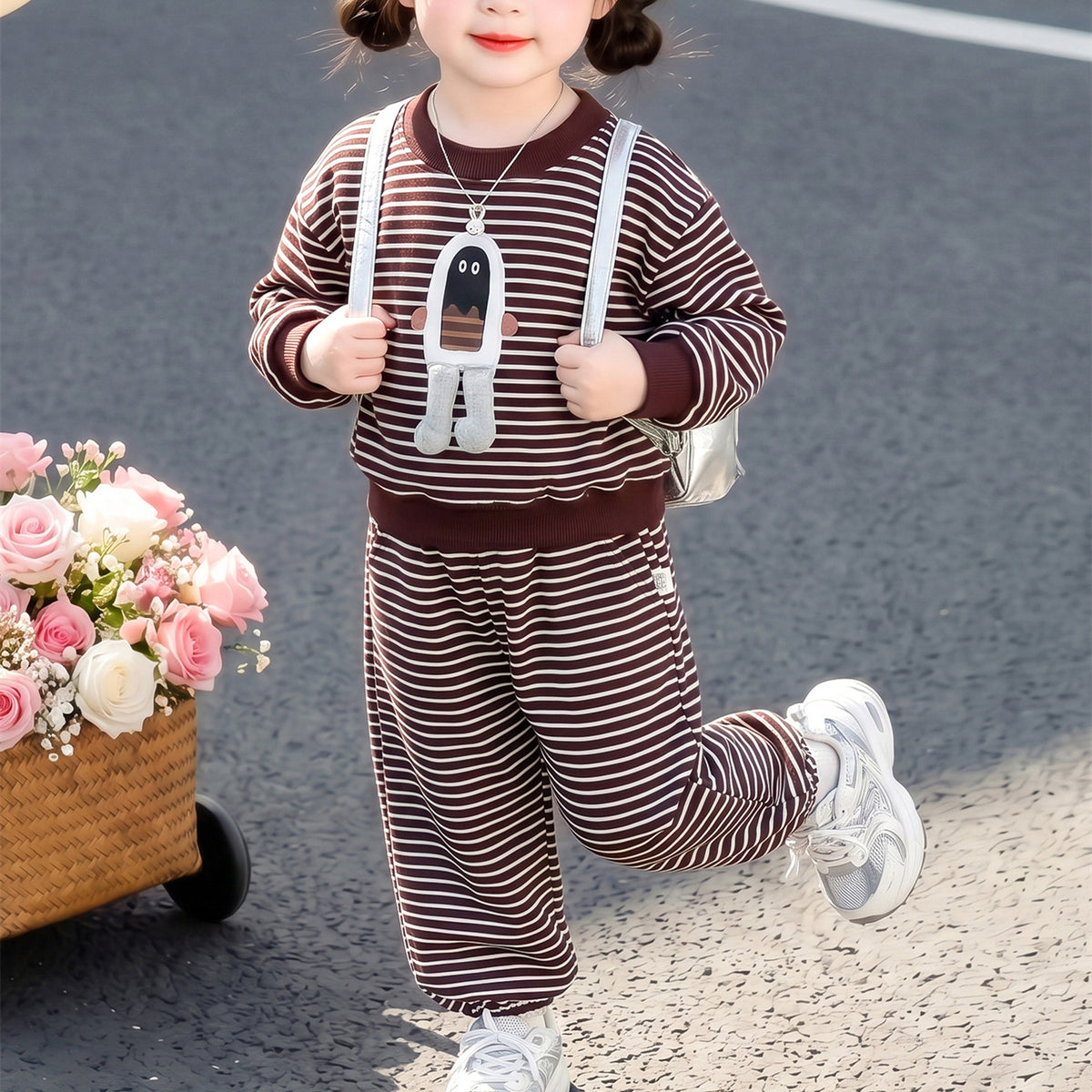 Casual Sporty Autumn 2-Piece Girls' Pants Suit, Ages 2-9 | Color: Brown | Image 2