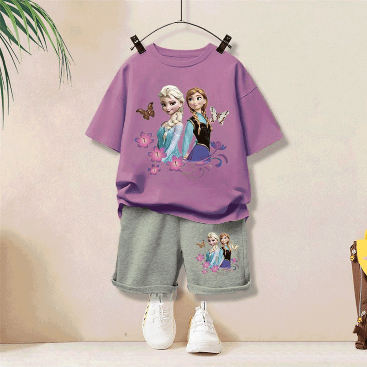 Modern Chic All-Season Minimalist Summer 2-Piece Unisex Kids' Pants Suit, Ages 2-7 | Color: Purple | Image 1