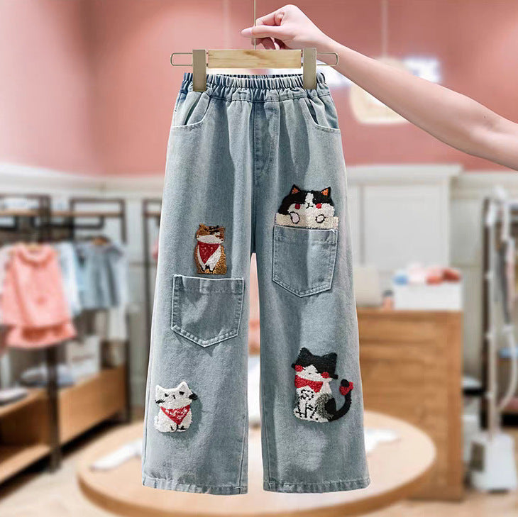 Trendy Autumn Girls' Jeans, Ages 4-14 | Color: Blue | Image 1
