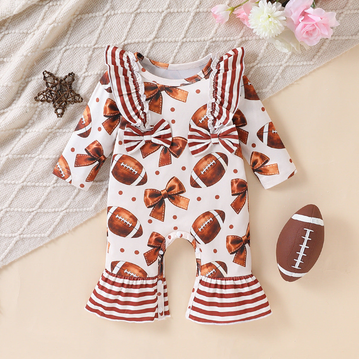 Trendy Autumn Baby Girls' Jumpsuit, Ages 0-6 Months | Color: Coffee | Image 1