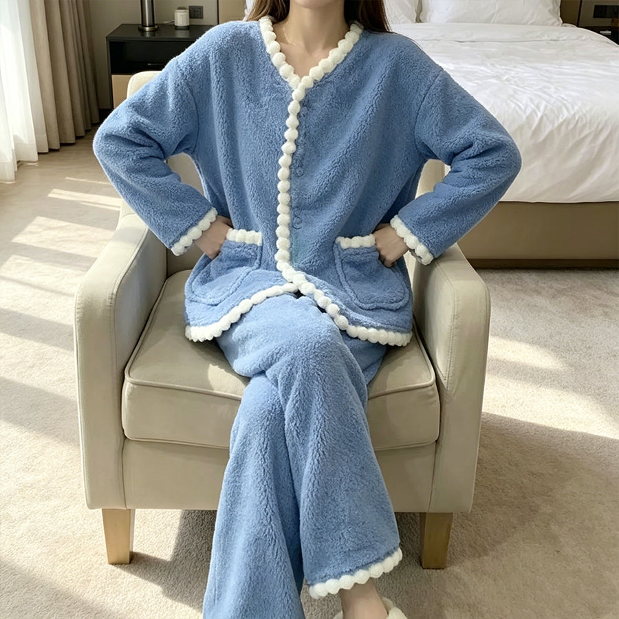 Minimalist Winter Women 's Long Sleeve Sleep Set | Color: Deep Blue | Image 3