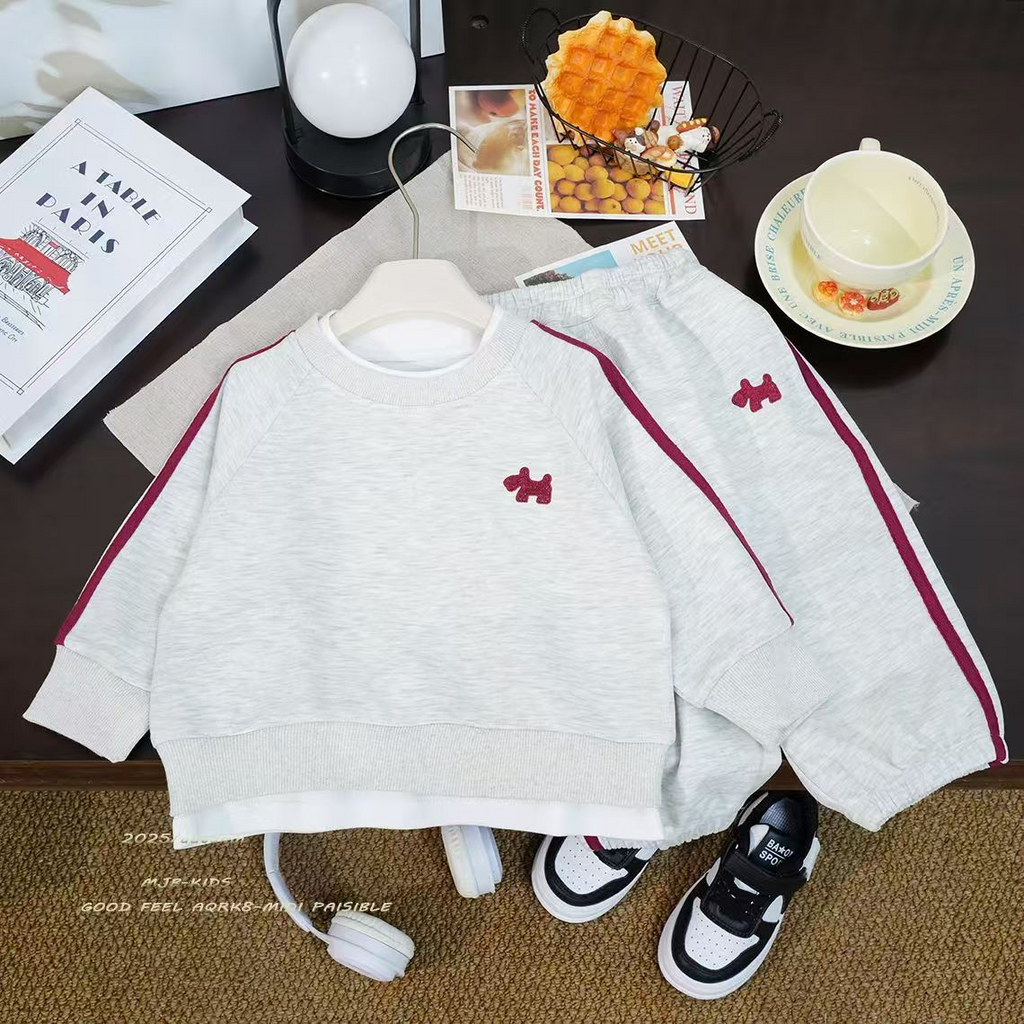 Casual Sporty Autumn 2-Piece Unisex Kids' Pants Suit, Ages 2-9 | Color: Red | Image 3